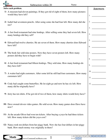 Subtraction Worksheets - Word Subtraction Within 20 worksheet